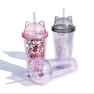 Kawaii Cute Cat Ear Tumbler
Cup Water Bottle W Straw & Lid
Silver Glitter !nside